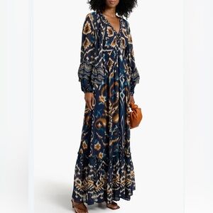 FARM Rio Pineapple Ikat Bohemian Blue and Brown  Maxi Dress NWT